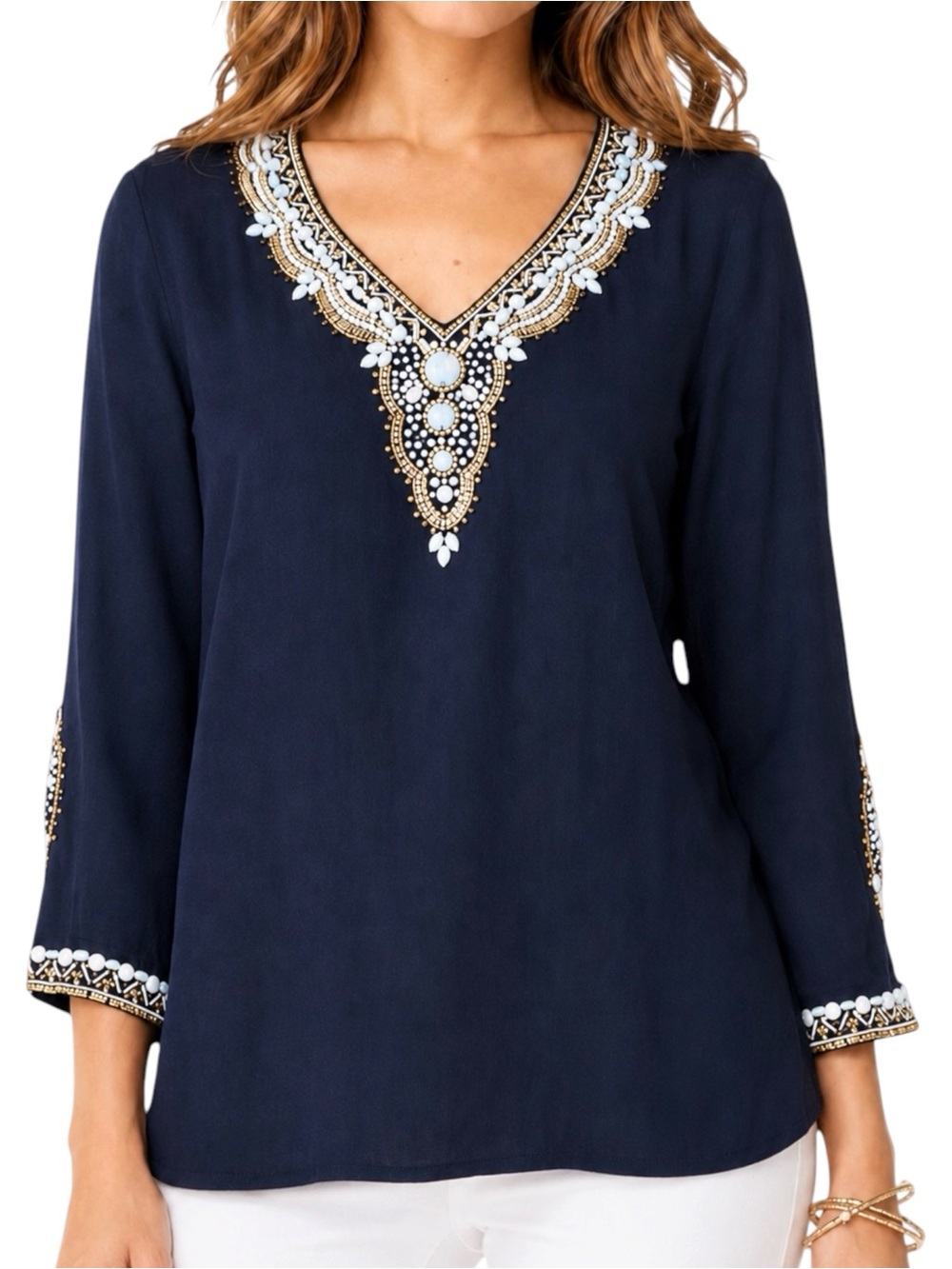LILLY PULITZER Braydon Beaded Navy Blue Tunic Blouse XS